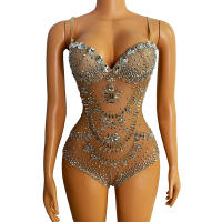 เซ็กซี่ประกายคริสตัลสีเงิน Leotard ตาข่ายชุดฉลองนักร้องหญิง DJ Rhinestones บอดี้สูทเต้นรําเครื่องแต่งกายคลับเวทีสวมใส่