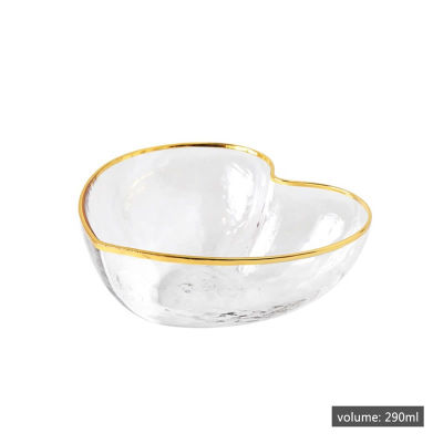 Creative Glass Bowl Fruit Salad Bowl Noodle Rice Bowl Crystal Heart Shaped Golden Edge Glass Bowl Decoration Breakfast Tableware