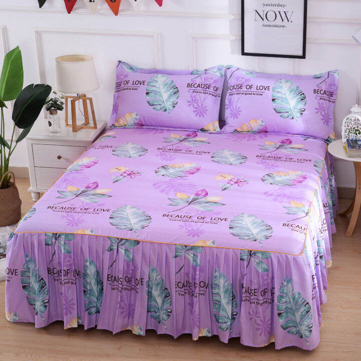 3pcsset-korean-brushed-printed-bed-skirt-bed-cover-student-dormitory-non-slip-sheet-cover-bedroom-3d-lace-bed-skirt-bedding