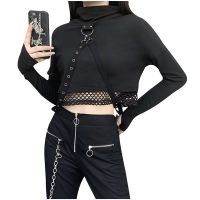 Goth Dark Punk Black Sexy Hooded T-shirt Techwear Y2k Mujer Face Scarf Ninja Cuff T Shirts Girly Mesh Gothic Top With Sword Belt