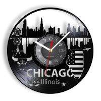 ใหม่ (สไตล์) นาฬิกาติดผนังลาย Chicago Cityscape เลเซอร์ตัด Longplay นาฬิกาวัฒนธรรมสหรัฐอเมริกา Illinois วัฒนธรรมมาทาดอร์เส้นขอบฟ้านาฬิกาผนังเรืองแสงนาฬิกาของขวัญ