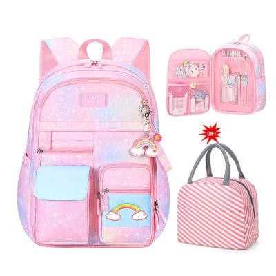 ใหม่โรงเรียนประถมกระเป๋าเป้สะพายหลังน่ารักที่มีสีสันกระเป๋าสำหรับสาวเจ้าหญิงโรงเรียนถุงกันน้ำเด็กสายรุ้งชุด Schoolbags
