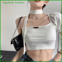 AngelCity Fashion Store High Street Halter Neck เสื้อยืดผู้หญิงปิดไหล่เอวสูงกระชับ Cropped Tops