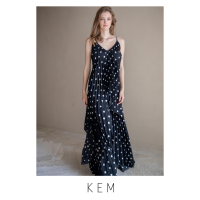 Kemissara Florence V Neck Scoop Back SET (Top &amp; Skirt) - Black Polka Print เสื้อคอวีผูกหลัง เเละกระโปรงเอว elastic