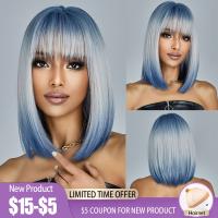 【jw】❧♘☊ Ombre Blonde Gray Ash Bob Synthetic Wig with Bangs for Medium Straight Hair Resistant