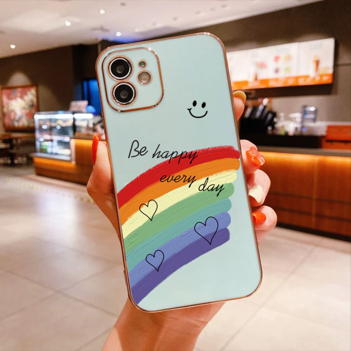 ggk-ปลอกชุบเคสโทรศัพท์ขอบสี่เหลี่ยมรูปหัวใจสีรุ้งฟรีสายคล้องยิ้มได้สำหรับ-y02a-vivo-ชุบหรูหราเคสโทรศัพท์นิ่ม