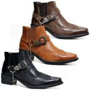 Fashion 2022 Men s Vintage Cowboy Boots Leather High Top Chain Buckle