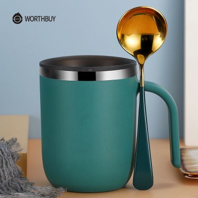 【High-end cups】 WORTHBUY 18/8สแตนเลสนมแก้วกาแฟสองชั้นรั่วซึมถ้วยกาแฟที่มีฝาปิดครัว Drinkware อาหารเช้าชาแก้ว