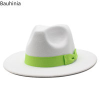 Bauhinia แฟชั่นสีขาว7เซนติเมตรปีกกว้างรู้สึก Fedora หมวกสำหรับผู้หญิงโบว์ริบบิ้นฤดูหนาวงานเลี้ยงอย่างเป็นทางการแจ๊สหมวกปานามาหมวก.