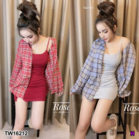 B16212 Set 2 ชิ้น เสื้อเชิ๊ตลายสก็อต + เดรสผ้ายืด Set of 2 pieces. Plaid shirt + stretch dress.