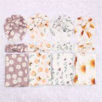 【CC】 3pc Baby Print Child Newborn Anti Shock Swaddle Wrap Turban Hats Donut Hat Headband Blanket Set Four