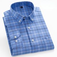 Mens Long Sleeve Oxford Plaid Striped Casual Shirt Front Patch Chest Pocket Regular-fit Button-down Collar Thick Work Shirts