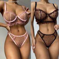 【CW】✳✲  Seamless Transparent Cotton Mesh Crop Ruffle Trim Bralette Thongs