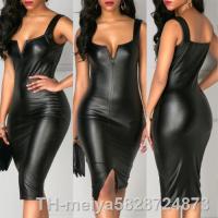 【hot】◘✼๑  Fashion Sheath Leather Bandage Bodycon Front Split Sleeveless Short