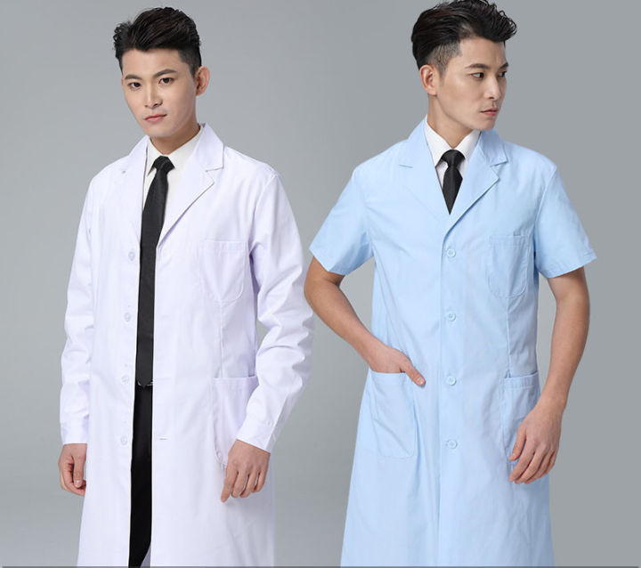 unisex-แขนยาวสีขาว-lab-เสื้อผู้ชายผู้หญิงปกปุ่มลงแพทย์แพทย์เสื้อกับกระเป๋าหมอพยาบาลเครื่องแบบ