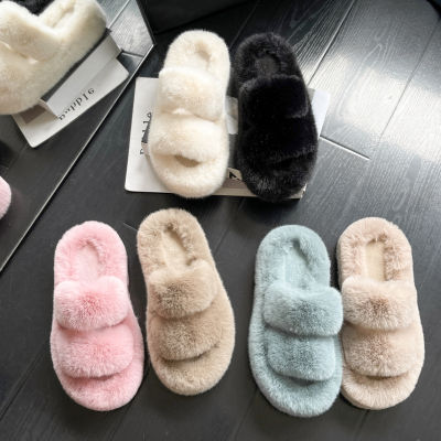 Korean version of plush slippers for women in autumn and winter 2023, new flat bottomed comfortable one line trawl net, red thick sole, cotton slippers for outer wear, large size