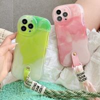 .Suitable For iphone 14 Plus 11promax Fashion gradient green pink phone case with strap for 13 12 11 Pro Max 12promax 13promax 14promax Anti drop Soft silicone TPU Cover