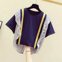 Women Summer Stripe T-Shirt Ruffles Color Block Patchwork Casual Tees Fashion Elegant Blue Straight Tops OL Girl Streetwear