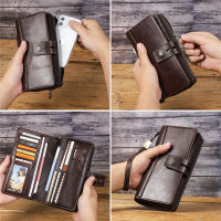 CONTACTS Crazy Horse Leather Mens Wallet Long Clutch Card Holders For Men Cowhide Purse Wallet With Phone Holder Carteira Male