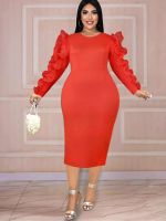 ZZOOI Red Bodycon Dresses O Neck Long Sleeve Mesh Patchwork High Waist Midi Outfits for Women Evening Cocktail Event Party Gowns 4XL