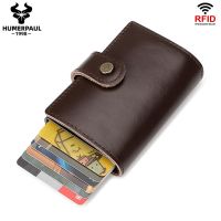 HUMERPAUL Genuine Leather Card Holder with Money Clip RFID Blocking Pop Up Smart Wallets Aluminum Men Travel Porte Carte Card Holders