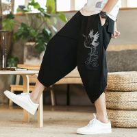 COD ♧♞▣ The Neonatal Shop34uilk9iy Cotton Linen Cropped Pants Men Ethnic Style Plain Color Crane Embroidery Loose Large Size Harem Wide Pure Comfortable Breathable Wide-Leg Tang Suit Hanfu Fat Ready Stock