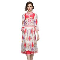 Women Dress Spot Real  Elegant Long Sleeve  Vintage Printed Midi Dress