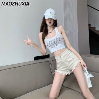 MAOZHUXIA พู่กางเกงขาสั้นเอไลน์ Celana Pendek Denim เอวสูงของผู้หญิง