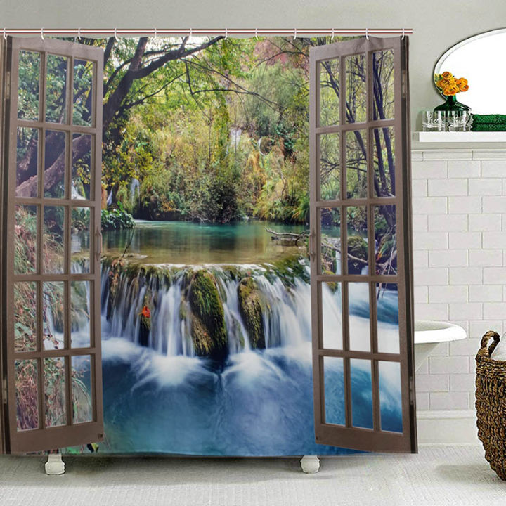 wide-waterfall-deep-down-in-the-forest-seen-from-a-city-window-epic-surreal-decor-shower-curtains-landscape-bathroom-curtain-set