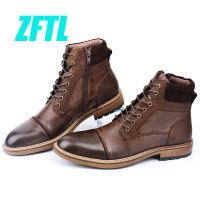 ZFTL New Men martins Boots Winter boots genuine leather handmade big size brown man casual lace-up boots Non-slip warm boots 044