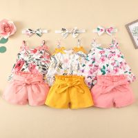 Pudcoco Baby Girls Shorts Set, Spaghetti Straps Strawberry/Leaves/Flower Print Camisole Elastic Waist Shorts and Hairband 0-24M  by Hs2023