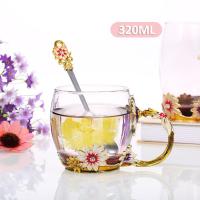 Flower Tea Cup Enamel Craft Glass Coffee Mugs Lead-Free Heat-resistant Drink Mug With Spoon Women Mum Sister Creative Gift Box