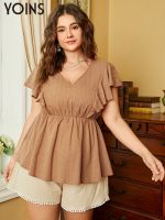 ☒❍ YOINS 2023 Plus Size Tops Summer Women Blouses Short Sleeve Shirts Casual Dot V-neck Ruffle Sleeve Streetwear Vintage Blusas