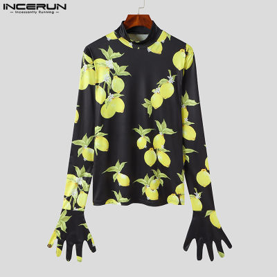 INCERUN เสื้อใส่เที่ยวคลับแขนยาวสำหรับผู้ชายเสื้อยืดเสื้อพิมพ์ลายดอกไม้ (ชุดลำลอง) #3