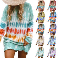 Women Rainbow Tie Dye Print Sweatshirt Dress Long Sleeve O-Neck Mini Dress Loose Straight Dress