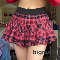 COD ✵▤ The Outline Shop27dgsd6gfd ♀EL☌Women´s Ruffle Mini Skirt Gothic Elastic High Waist Plaid Print A-Line Short Skirt