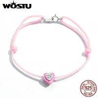 WOSTU Pure 925 Sterling Silver Pink Heart Rope Ankle 22.5CM Adjustable Size Shiny CZ Rope Chain For Women Summer Jewelry FIT022