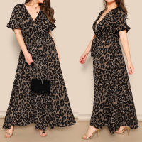 Elegant Leopard Party Dress 2023ชุดยาวผู้หญิง Vintage Long Beach Dress หลวมแขนยาว V คอ A-Line เซ็กซี่ Party Dress