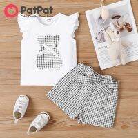 PatPat 2ชิ้นลายสัตว์ผ้าฝ้ายลายเสื้อเป็นชั้นระบายของตกแต่งเป็นโบว์ลายสก๊อตสำหรับเด็กผู้หญิงชุดกางเกงขาสั้น