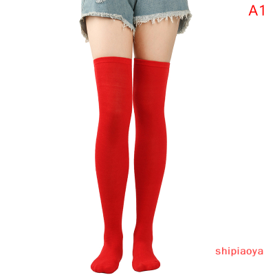 Shipiaoya ถุงน่องสูงถึงต้นขาสำหรับผู้หญิงลายเส้นทแยงมุมคริสต์มาสมากกว่าถุงเท้าระดับเข่า