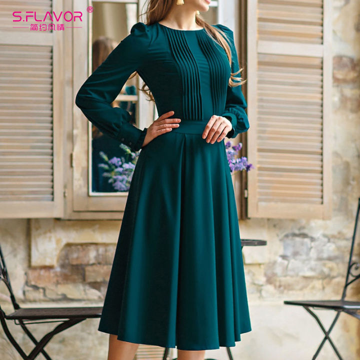 s-flavor-women-vintage-solid-color-winter-dress-elegant-green-long-sleeve-pleated-midi-vestidos-autumn-casual-dresses