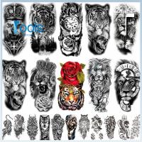 Rose Animal Long Tattoo รอยสักชั่วคราวขนาดใหญ่สิงโตเผ่าสีดำ นักรบเสือหมาป่าสติ๊กเกอร์รอยสักปลอมสำหรับผู้หญิง