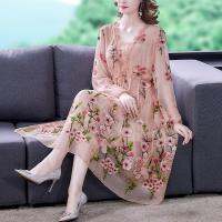 【YF】 Autumn elegant womens dress casual trumpet sleeve office Chiffon embroidered a-word retro sweet clothes