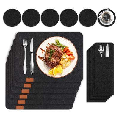 6 Set Washable Felt Placemats Table Mats Glass Knife Fork Coasters Cutlery Bags Set Insulation Pads Absorbent Non-slip Mat