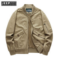 JEEP SPIRIT 1941 ESTD  แจ็กเก็ตผ้าคอตตอนซักสำหรับผู้ชาย,เสื้อแจ็กเก็ตลำลองปกเบสบอลเสื้อแจ็คเก็ตบอมเบอร์เสื้อแจ็คเก็ตผู้ชายปี