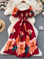 【CC】YuooMuoo Limited Big Sales Women Dress Vintage Print Flowers Sash Bandage Long Summer Dress Elegant Y2K Korean Party Vestido