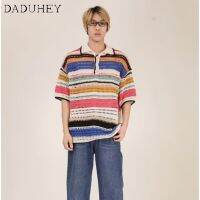 ▦ DaDuHey? Mens and Womens Kong Loose Striped Sweater Fashion Hollowed-out Short-Sleeved Pullover