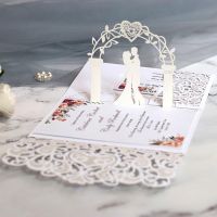 1pc Laser Cut Wedding Invitations Card With Envelopes 3D Trird Fold Heart Cards Wedding Mariage Party Favor Supplies Decorations Greeting Cards