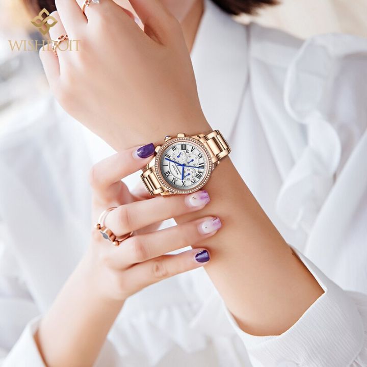 wishdoit-เดิมนาฬิกาสำหรับผู้หญิงกันน้ำสแตนเลสแฟชั่นนาฬิกาหรูกันน้ำส่องสว่างควอตซ์นาฬิกาข้อมือ