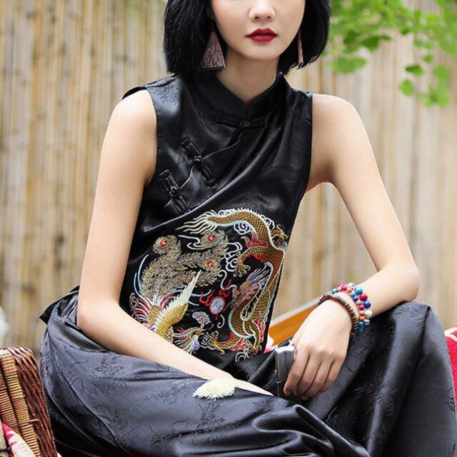 แบบดั้งเดิมชาติพันธุ์ขนาดพิเศษ-gilet-เสื้อผ้าสไตล์จีนโบราณโมเดิร์นเสื้อกั๊กสตรีสีดำ-oriental-casual-ชุดจีน-top-ropa